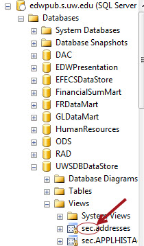 Screenshot of views expanded under SSMS list of databases