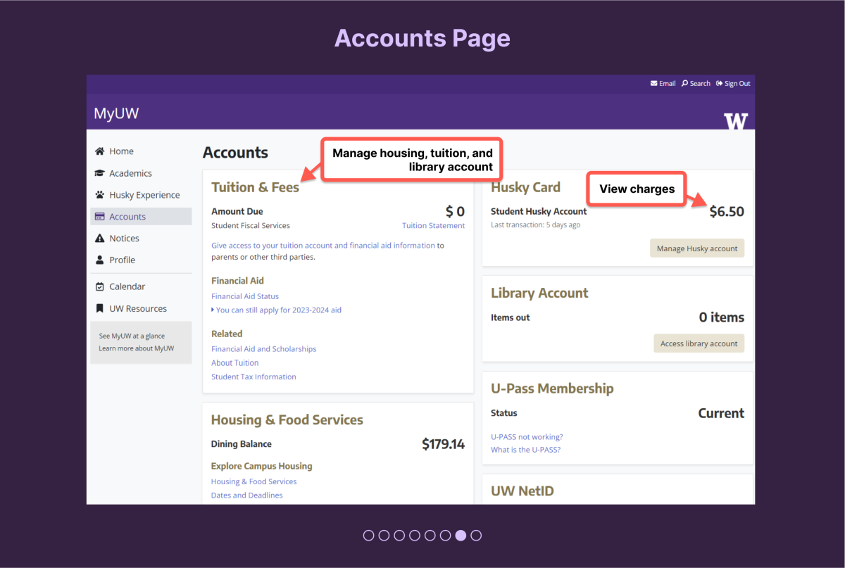 Accounts page with tuition & fees info, housing & food service info, Husky Card, Library account, U-Pass membership, UW NetID info.