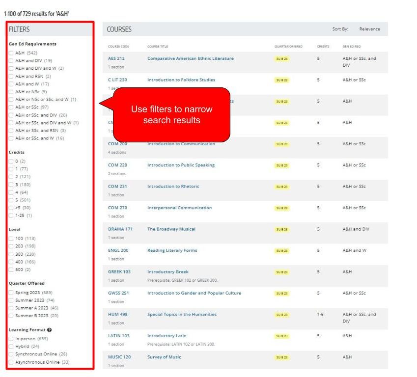 Screenshot of results with the left-hand "Filters" column highlighted and annotated, "Use filters to narrow search results." 