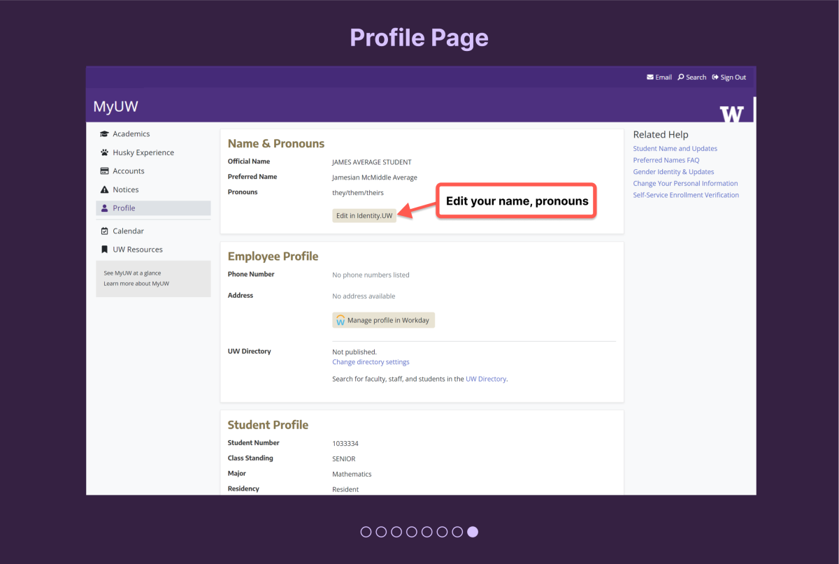 Profile page with access to Identity.UW, employee profile and student profile cards