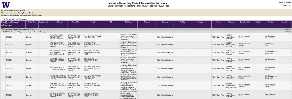 This image displays example output of the Variable Reporting Period Transaction Summary report.