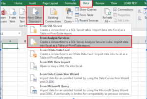 A screenshot where the following selections are highlighted: "Data" tab, "From Other Services" button, and "From Analysis Services" selection.
