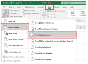 A screenshot where the following selections are highlighted: "Data" tab, "Get Data" button, "From Database" selection, and "From Analysis Services" selection.