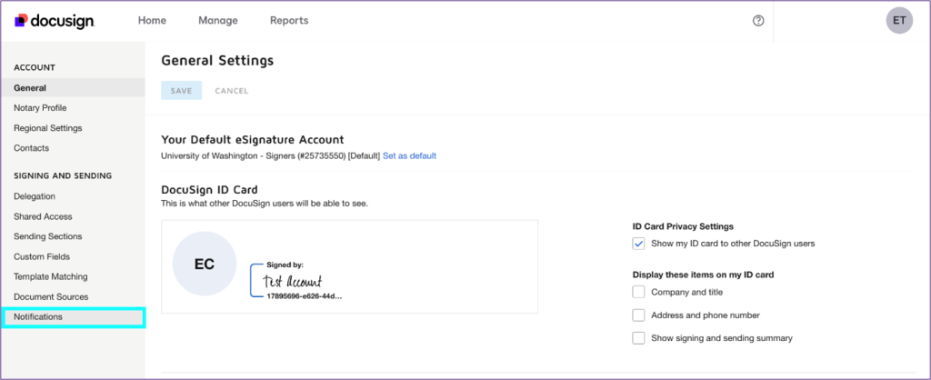 Screenshot of General Settings for Notifications in DocuSign