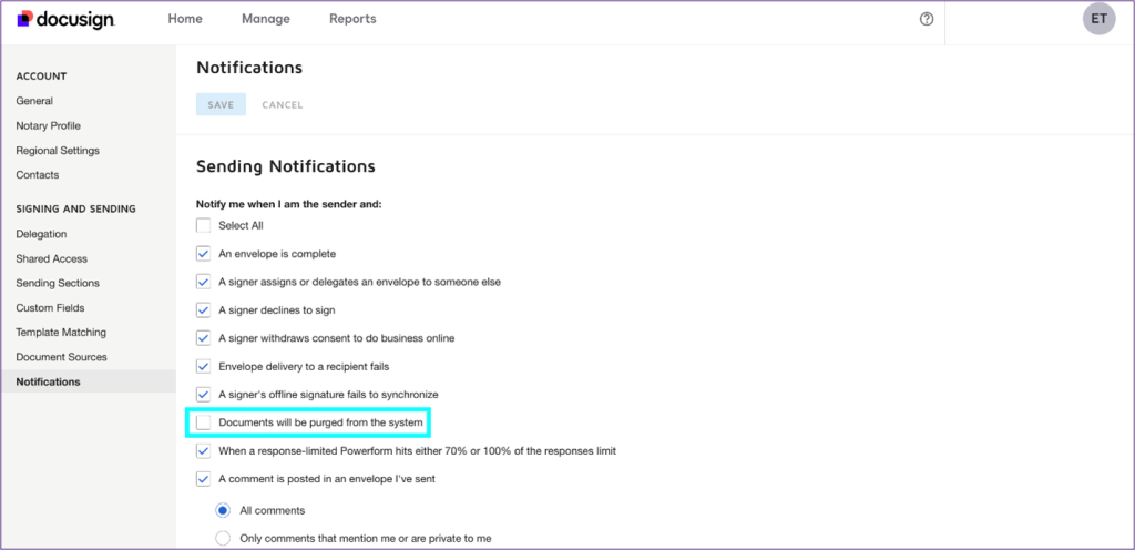 Screenshot of Notifications Menu in DocuSign with option to change sending notifications to purge documents