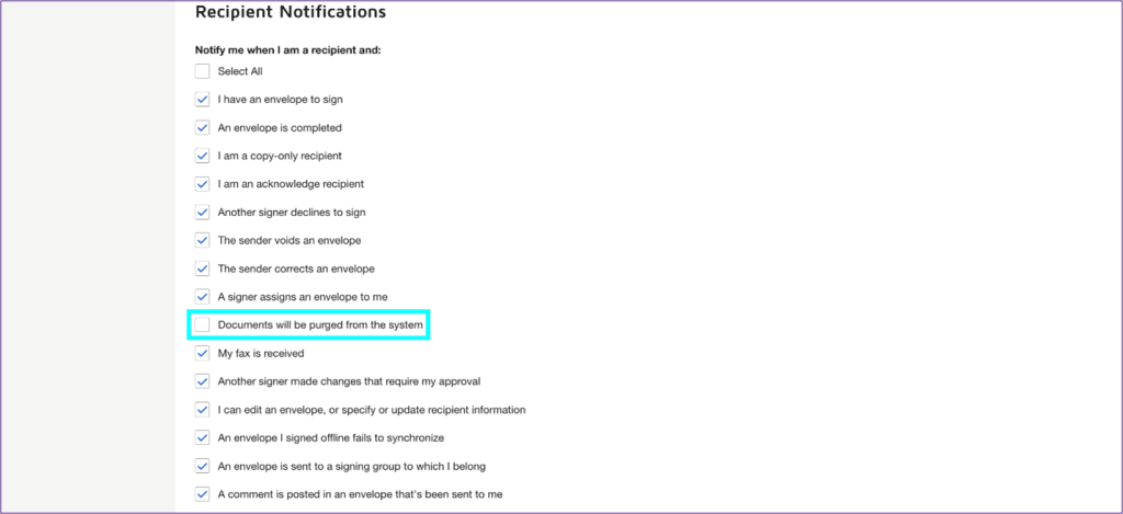 Screenshot of Notifications Menu with option to change recipient notifications for purging documents