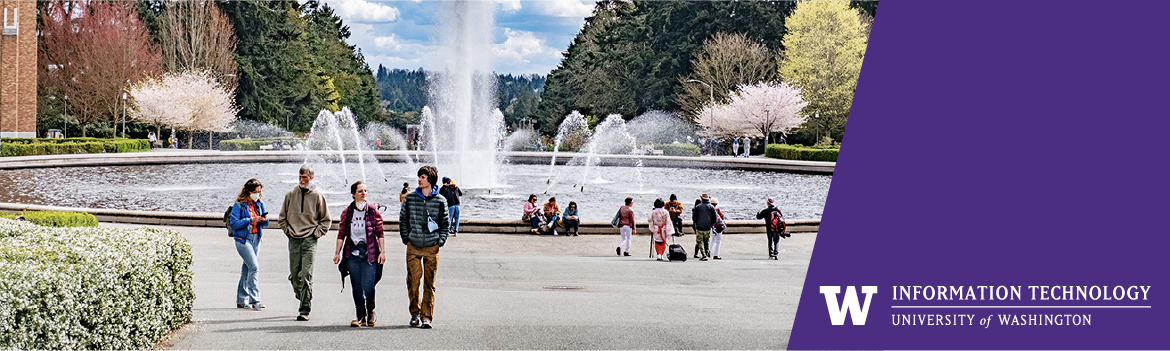 UW's Drumheller fountain with students walking around.