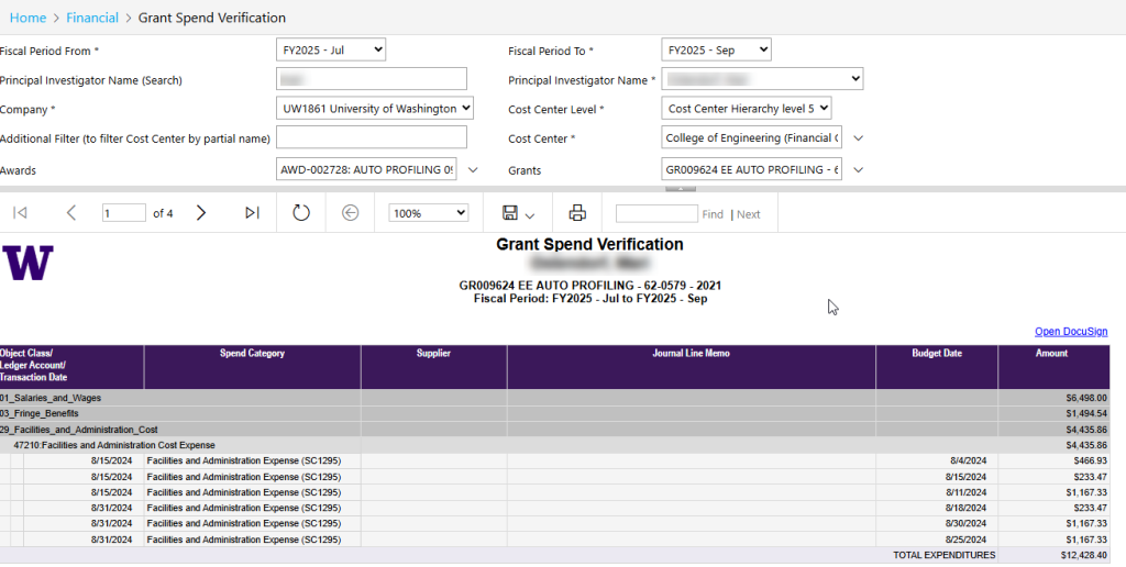 A screenshot of the Grant Spend Verification report in the BI Portal.