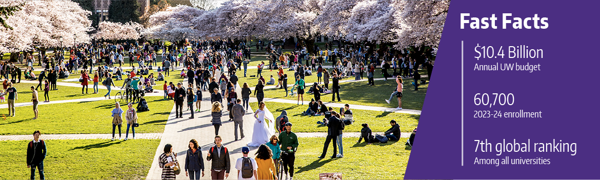 UW quad with students and cherry blossoms in bloom.