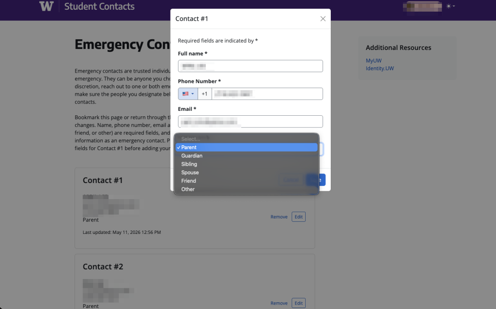 A screenshot of the popup window where users can update their emergency contacts.
