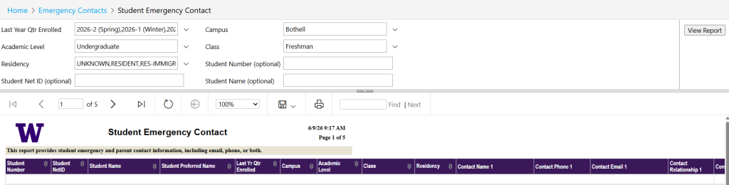A screenshot of the Student Emergency Contact Report in the BI Portal.
