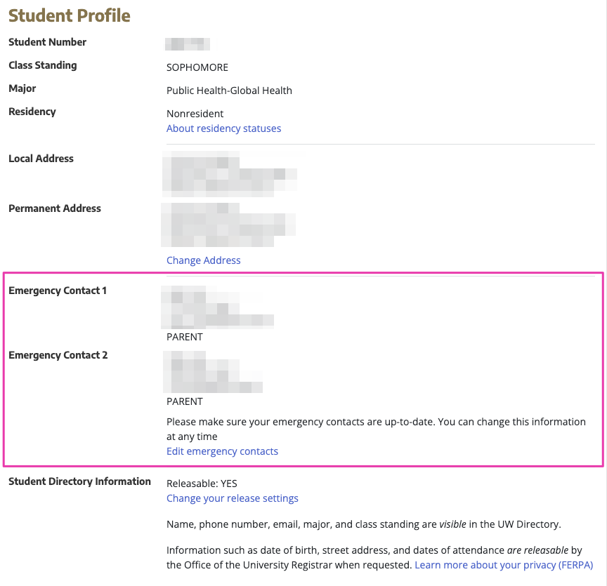 A screenshot of the Student Profile screen in MyUW. The two Emergency Contacts fields are highlighted.